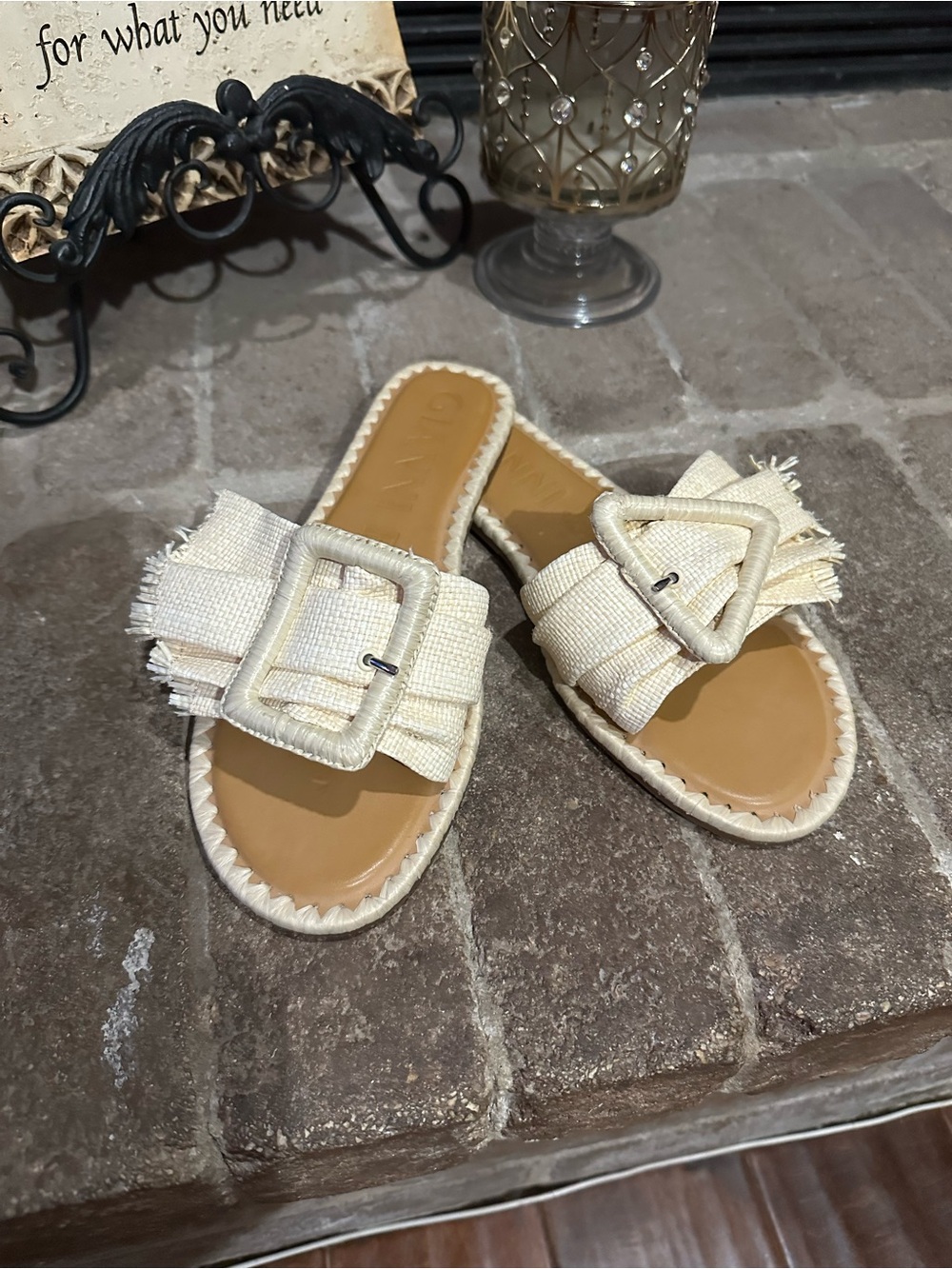 Women’s Cream Gianni Bini Fringe Buckle Slide Sandals